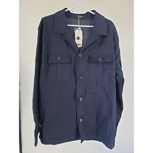 New Coofandy Linen Blend Button‎ Down Dual Pocket Shirt Long Sleeve Navy Size M